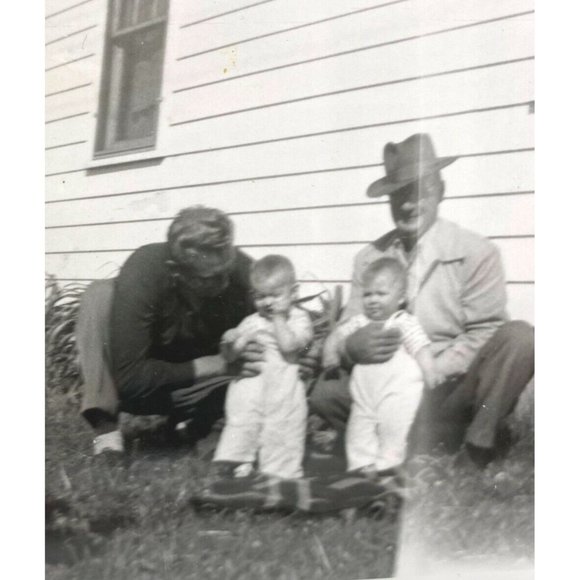 Found Photo Twin Boys with Dad and Grandpa Vintage 1940s Brothers - Picture 1 of 5